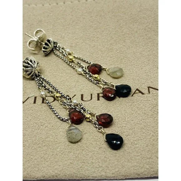 David Yurman Multi-Stone Pearl Sterling Silver Drop Earrings 18K 750 - Picture 3 of 12